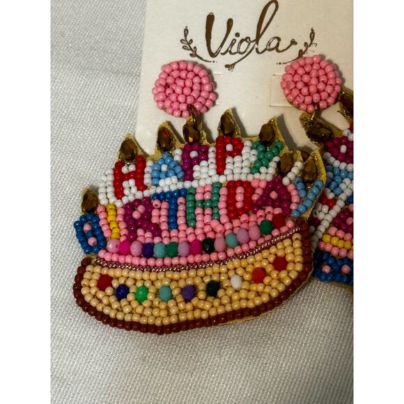 Viola Happy Birthday Cake‎ Earrings Beaded Rhinestones 3" - Picture 2 of 4